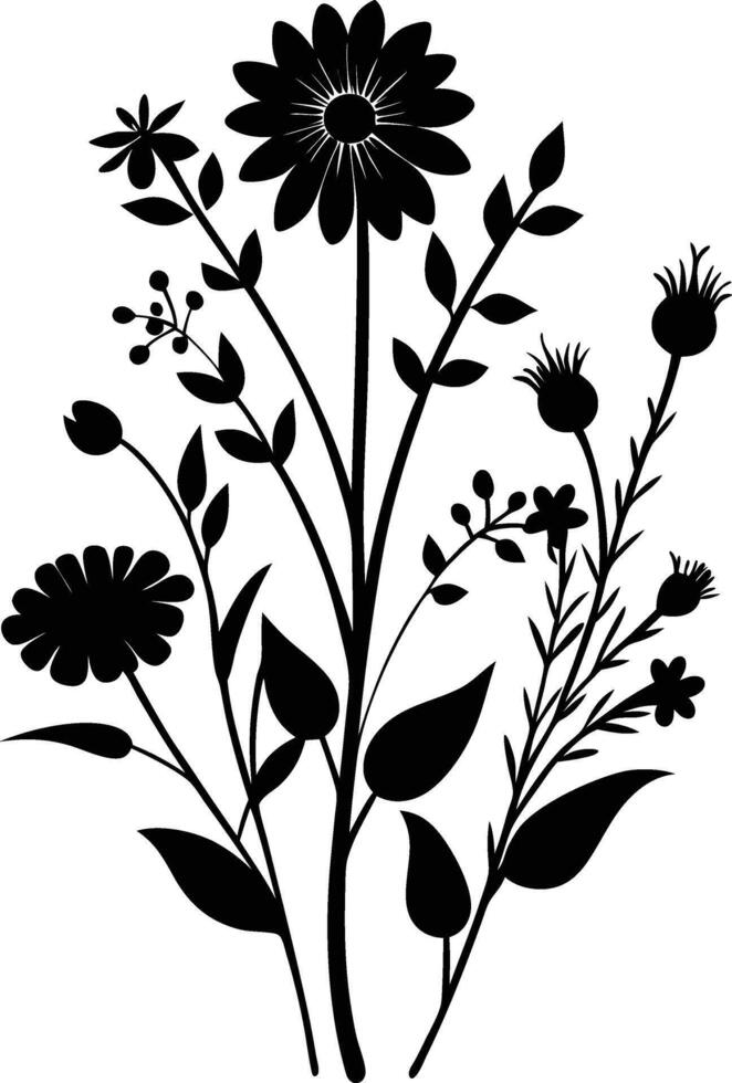 Very nice wildflowers silhouette art illustration black color with no background design vector