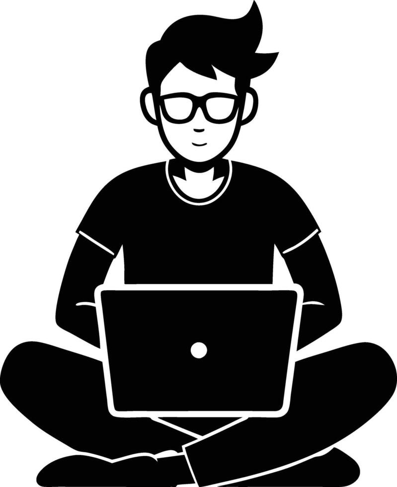 A professional male or young boy Freelancer working with laptop silhouette art illustration design with no background vector