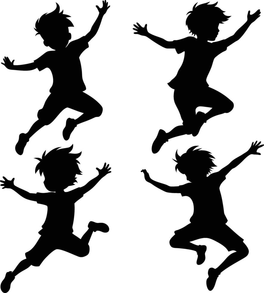 Young kids are jumping silhouette set art illustration black color with no background design vector