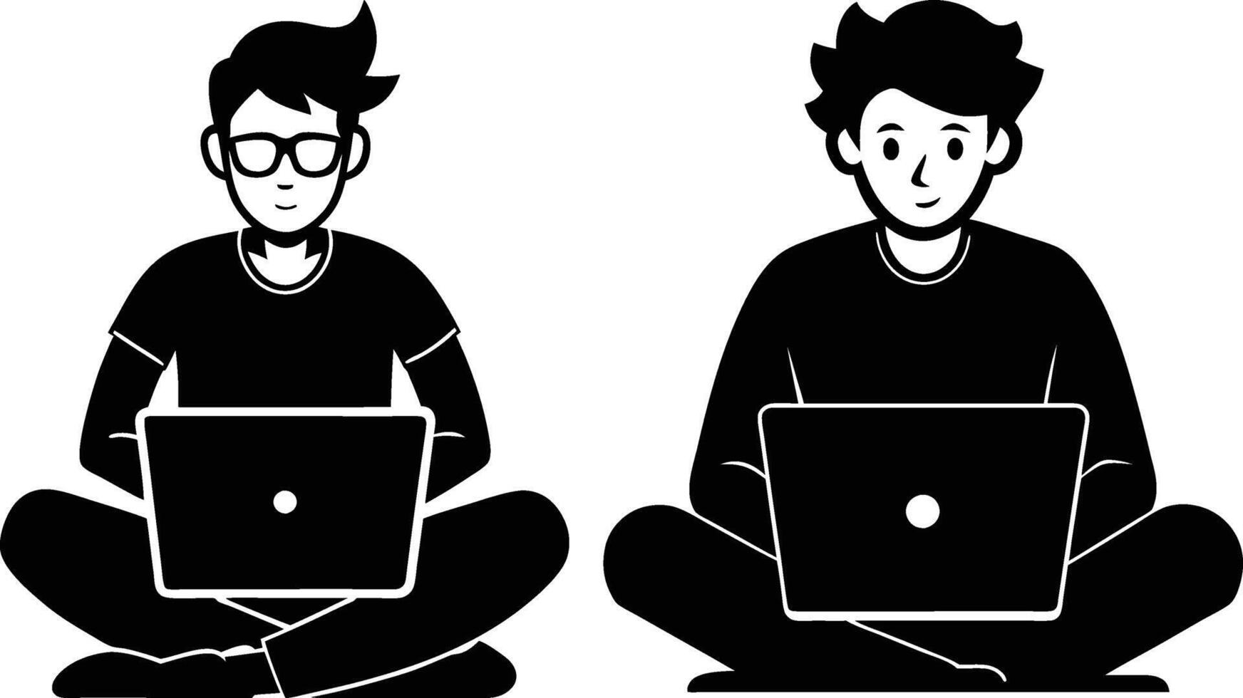 A set of a professional male or young boy Freelancer working with laptop silhouette art illustration design with no background vector