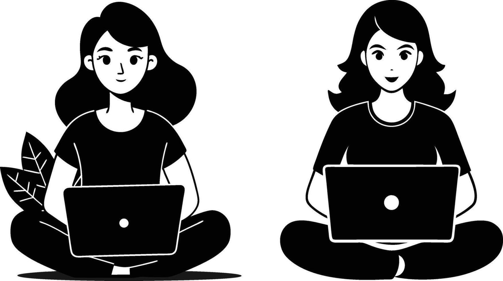 A set of a young females Freelancer working with laptop silhouette art illustration design with no background vector