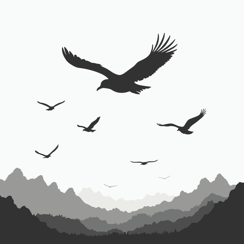Silhouettes of birds soaring above layered mountain ranges under a pale sky. vector