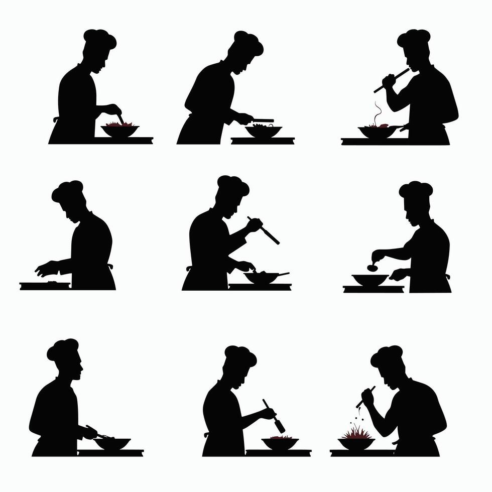 Silhouettes of a chef performing various cooking tasks, showcasing culinary skills and artistry in a professional kitchen setting. vector