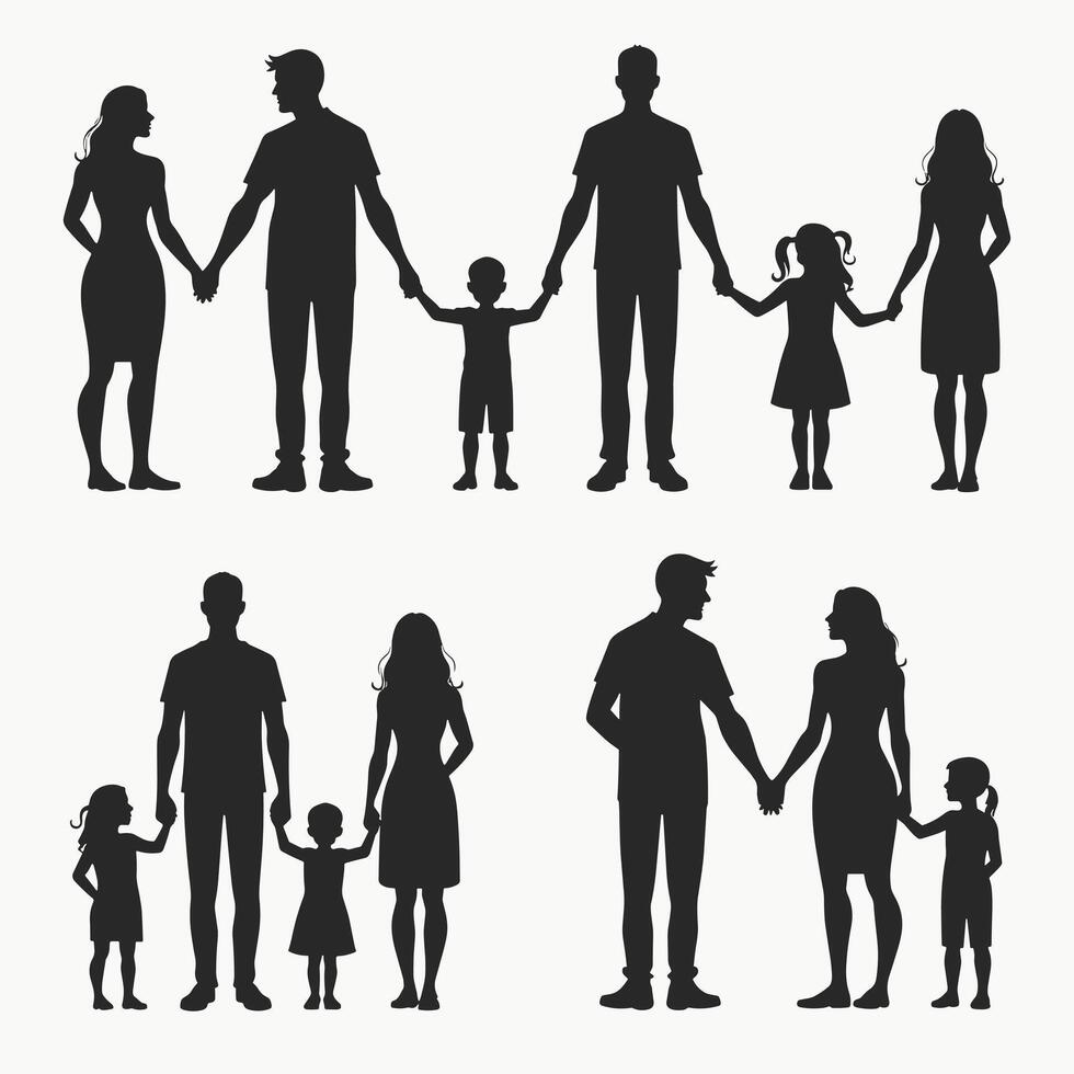 Silhouettes of diverse families holding hands, highlighting various familial structures and connections. vector