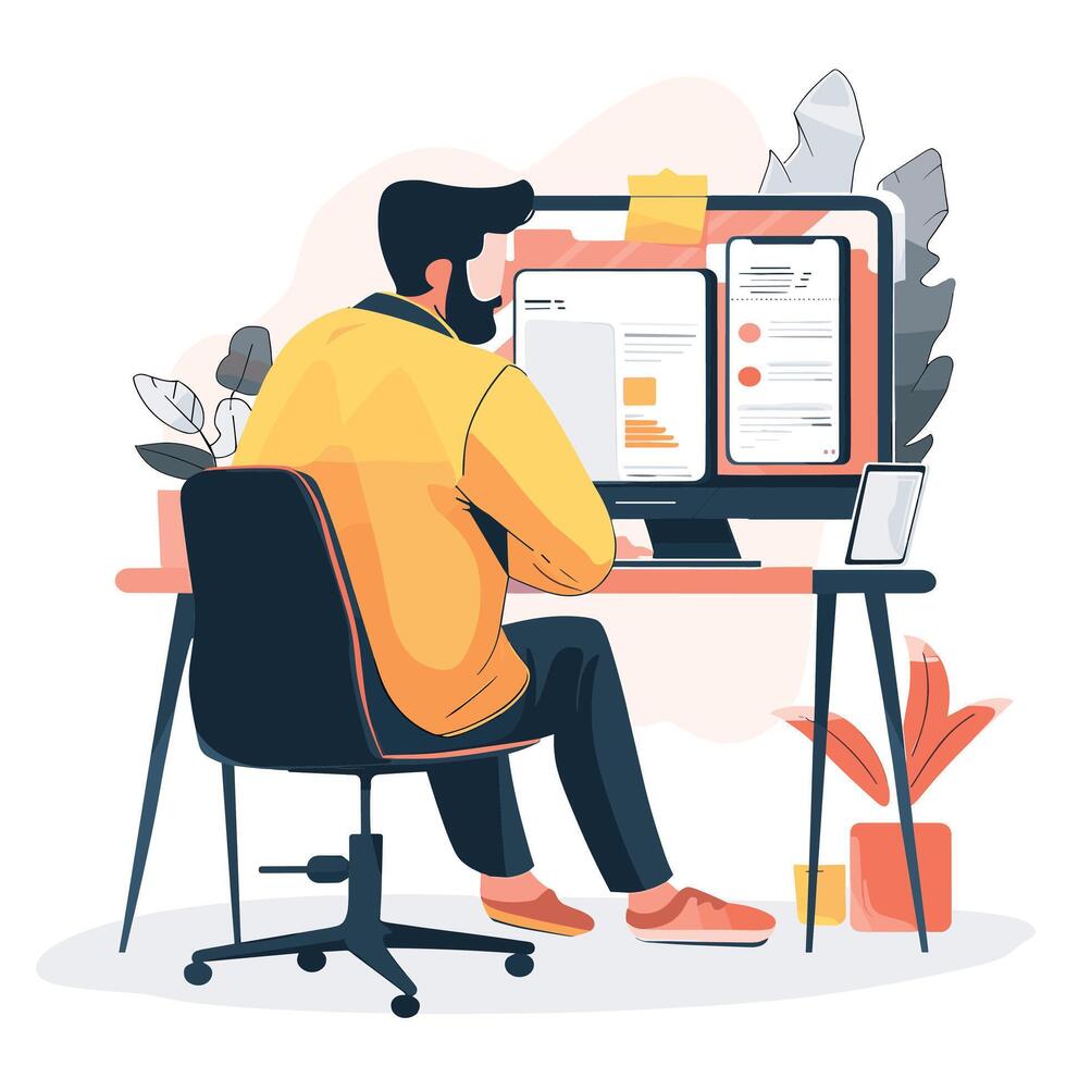 Young man working at a desk with dual monitors and a tablet in a modern office setting. vector