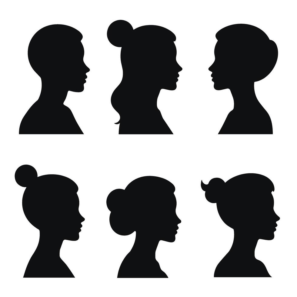 Silhouette profiles of six diverse women with different hairstyles on a white background. vector