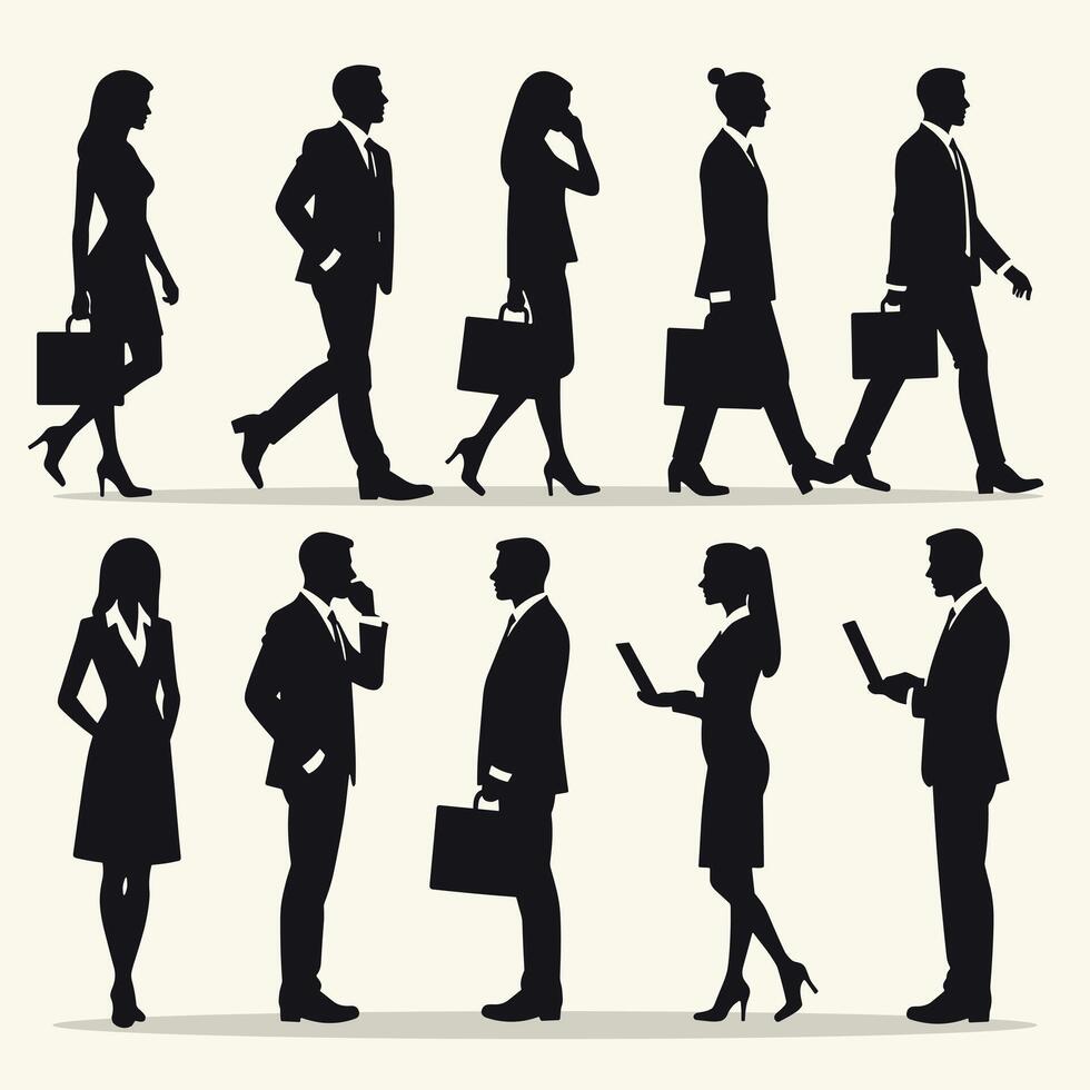 Silhouettes of diverse business professionals engaged in various activities, conveying a dynamic corporate atmosphere. vector