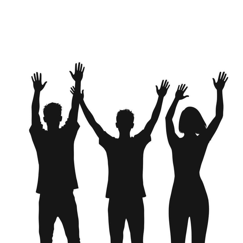Silhouettes of three people raising their hands in celebration against a white background. vector