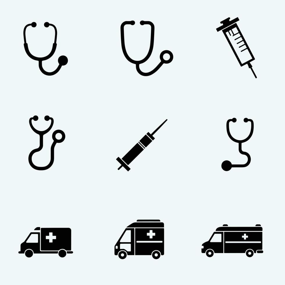 Medical icons set featuring stethoscopes, syringes, and ambulances in black on a light background. vector