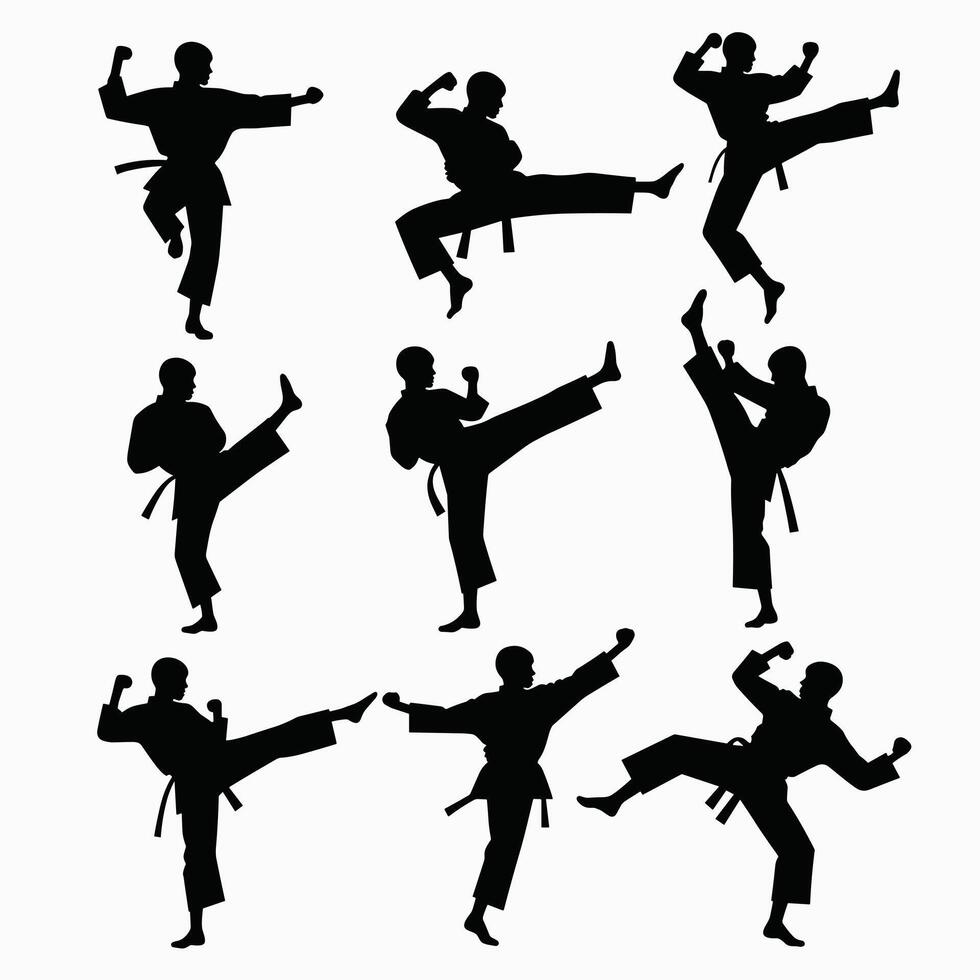 Silhouettes of martial artists performing various dynamic karate moves and kicks against a plain white background. vector