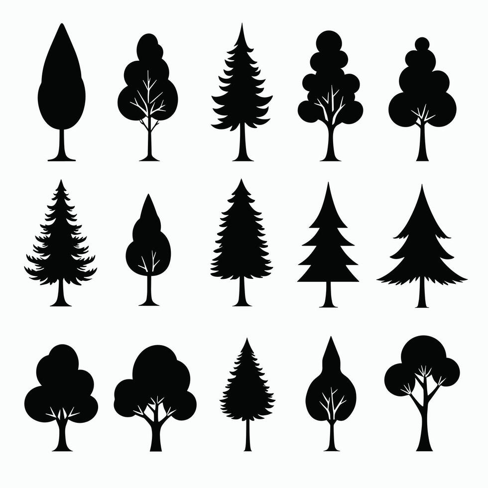 Silhouetted tree icons of various shapes and types on a white background, showing diverse tree forms and structures. vector