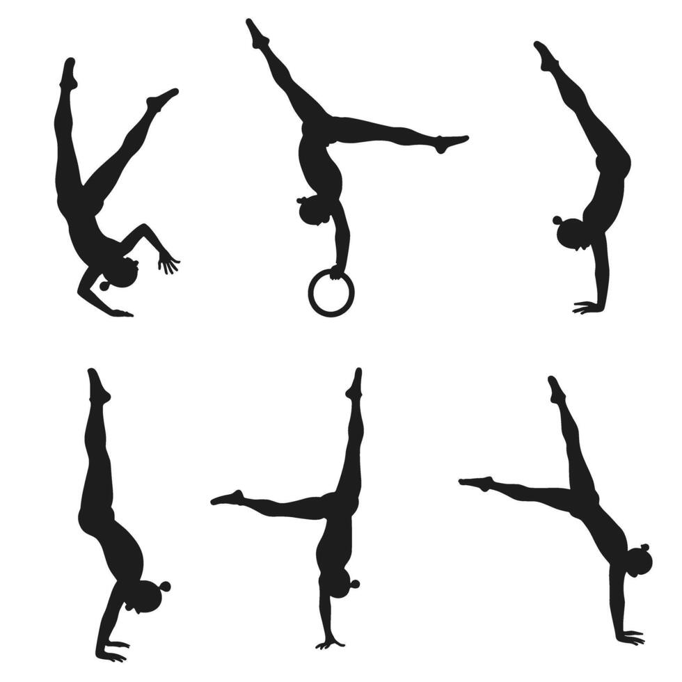 Silhouette of female gymnasts performing handstands with various techniques, showcasing elegance and strength on a white background. vector