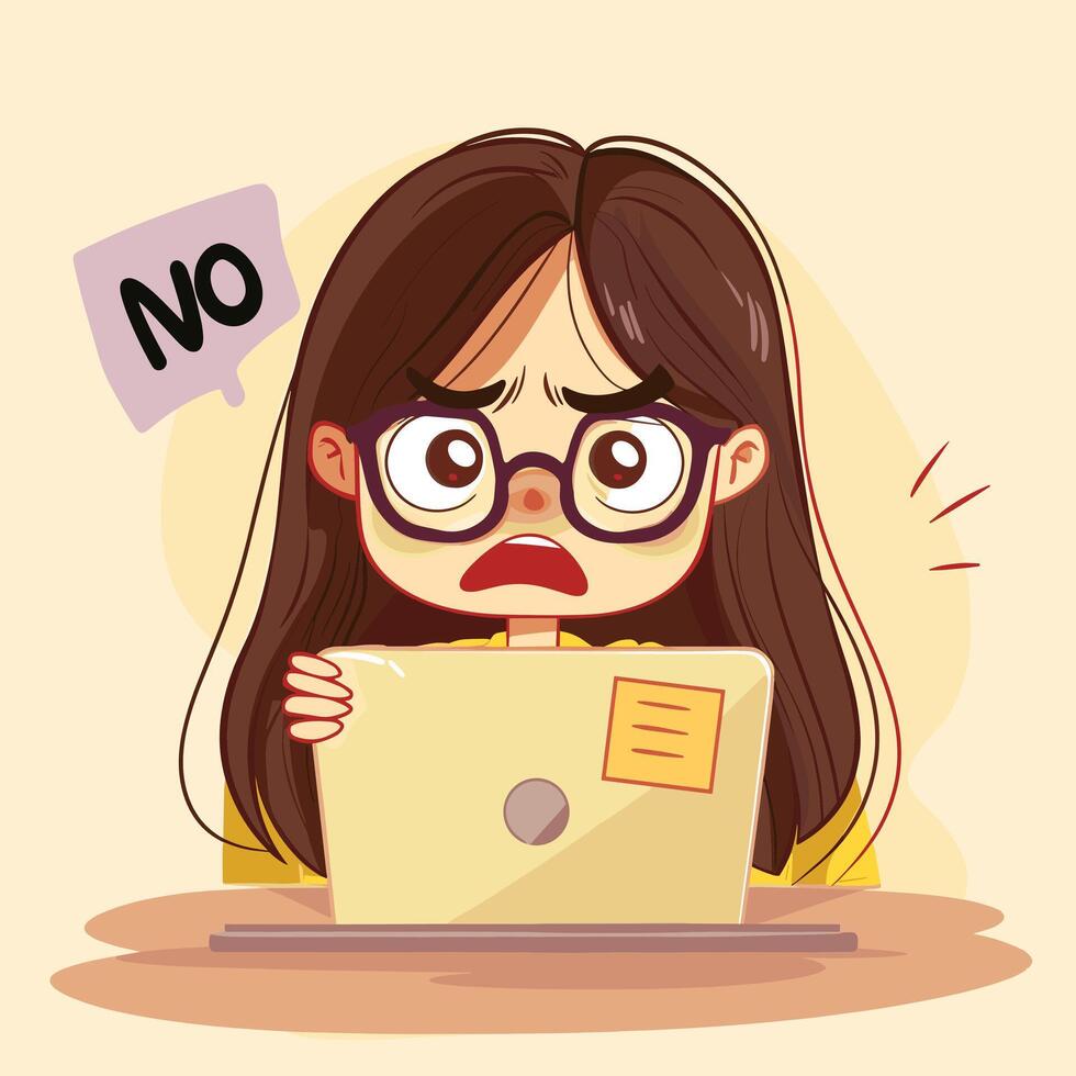 Animated girl with glasses expressing frustration while using a laptop. vector