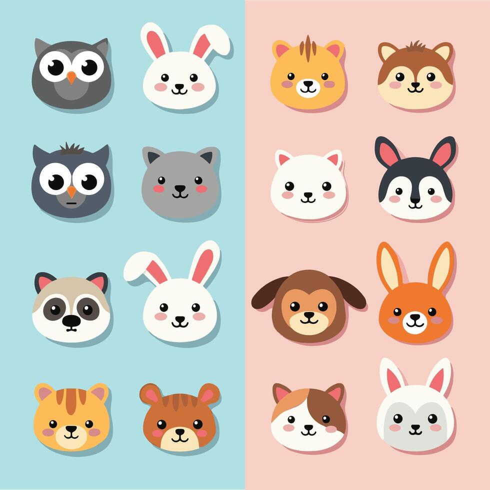 Cute animal cartoon faces with various expressions on a split blue and pink background. vector