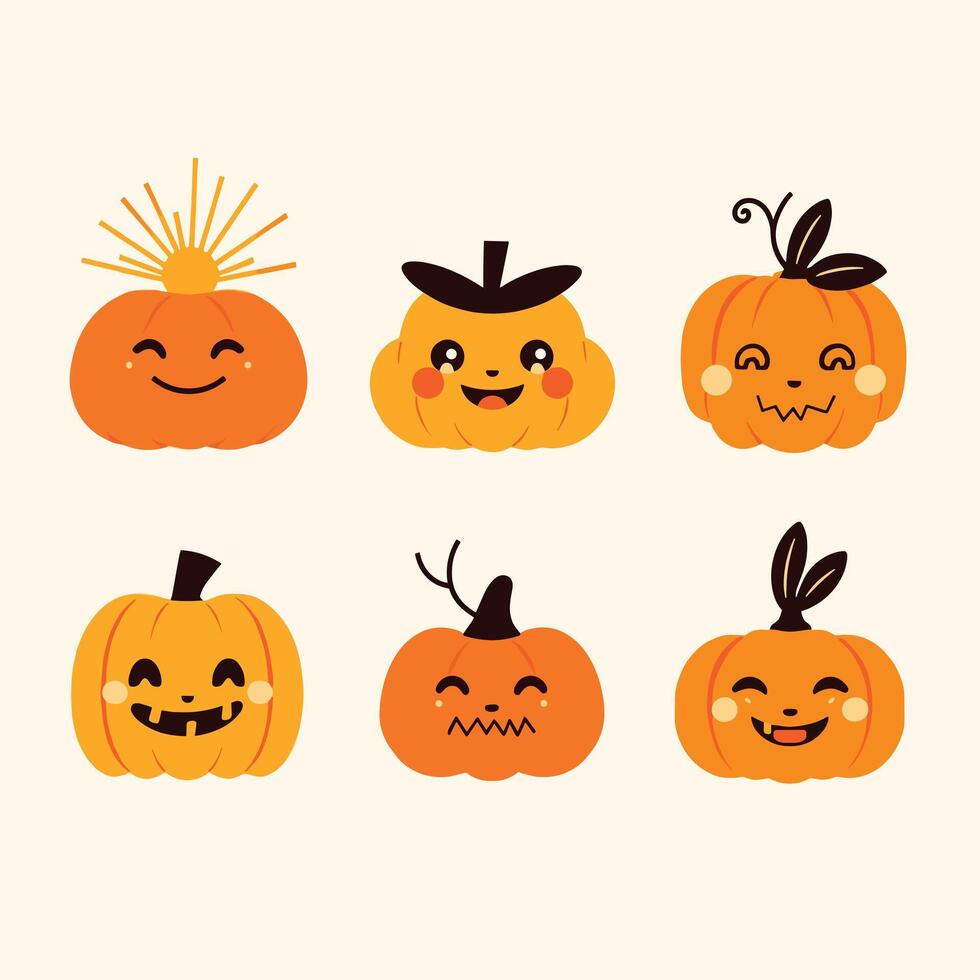 Illustration of six cute pumpkins with different facial expressions on a beige background. vector