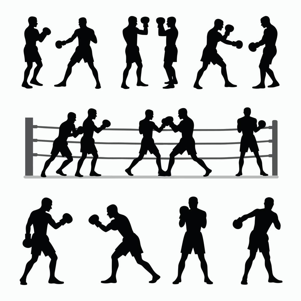 Silhouettes of male boxers sparring in various poses, highlighting dynamic movements and intensity. vector