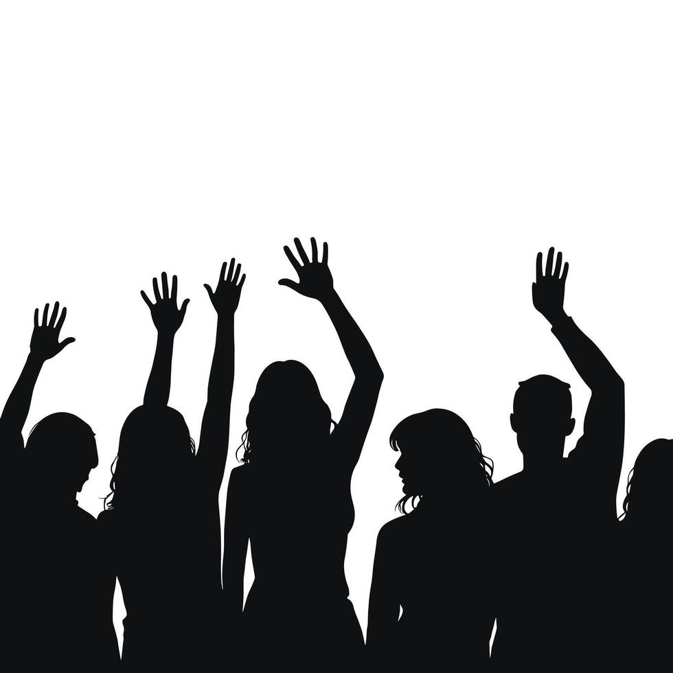Silhouettes of diverse people raising their hands in a gesture of enthusiasm and unity against a white background. vector