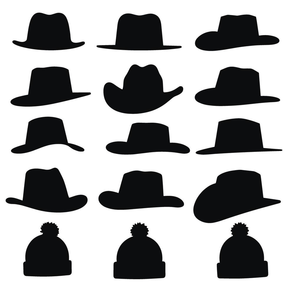 Silhouette collection of various hats and beanies in different styles, showcasing a classic and versatile range of headwear on a white background. vector