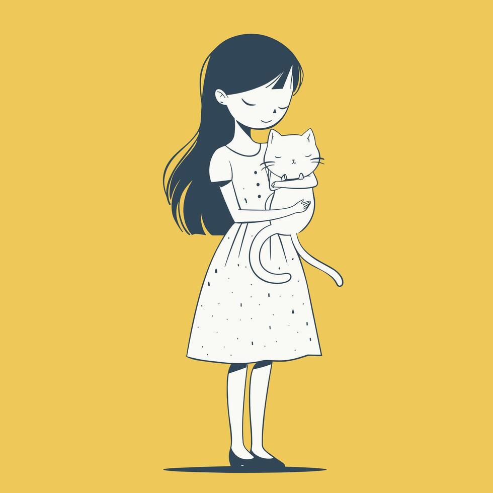 Illustration of a young girl holding a cat, set against a yellow background. vector