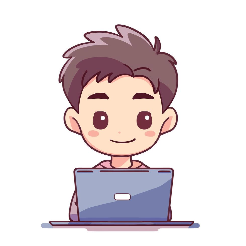 Cartoon illustration of a young boy with a laptop, expressing happiness and focus. vector