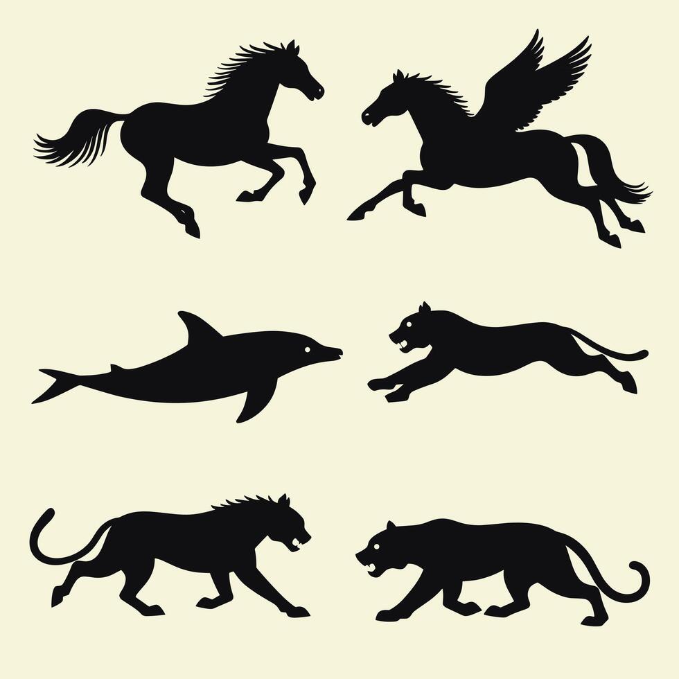 Silhouettes of majestic animals including horses, a dolphin, and big cats in dynamic poses on a neutral background. vector