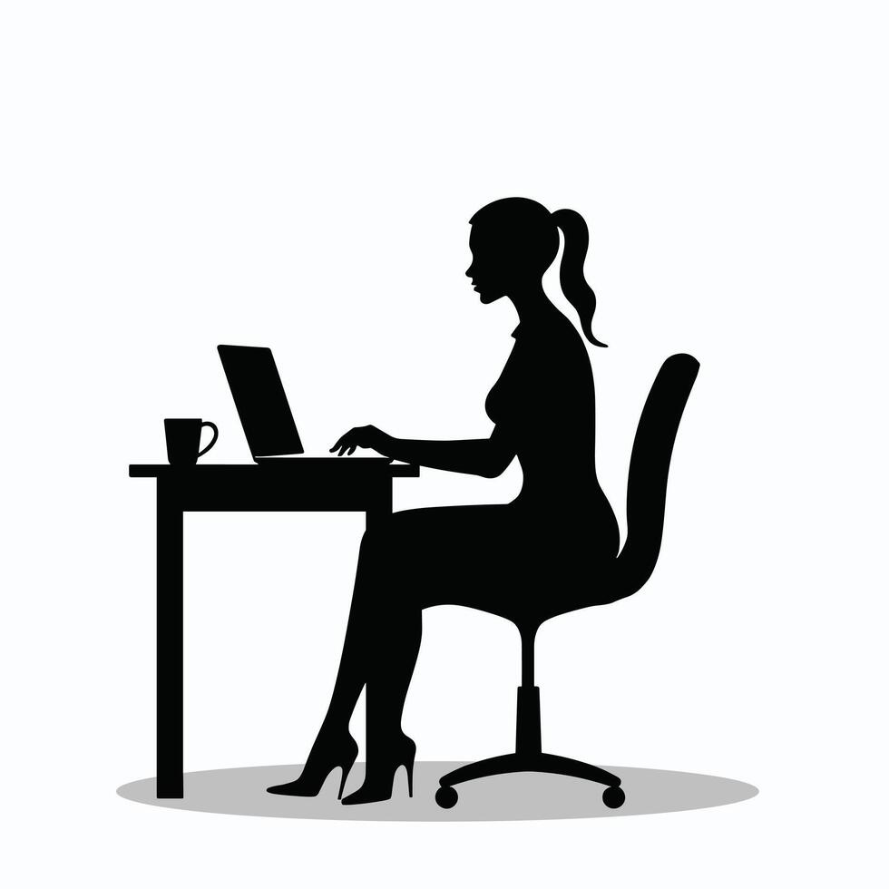 Silhouette of a woman working at a desk with a laptop and a cup of coffee, portraying a focused work environment. vector