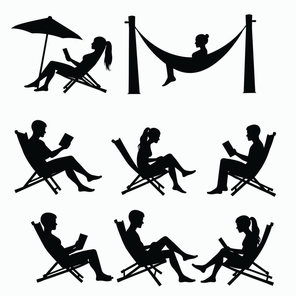 Silhouettes of diverse individuals reading in various relaxing poses, including hammocks and deck chairs, set against a minimalist white background. vector
