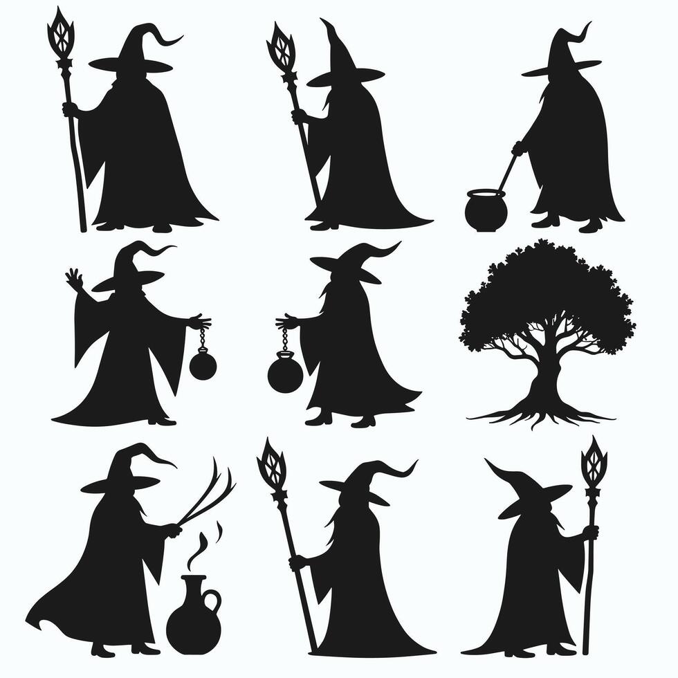 Silhouettes of wizards with pointed hats performing magical tasks against a light background. vector