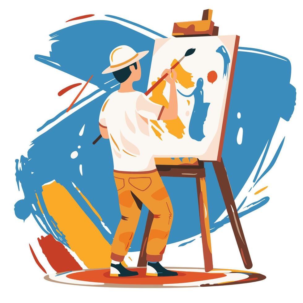 A male artist painting on a canvas with vibrant colors in an abstract style. vector