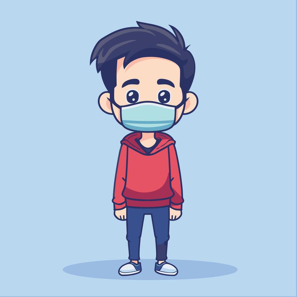 Cute boy character wearing a red hoodie and a blue face mask on a light blue background. vector