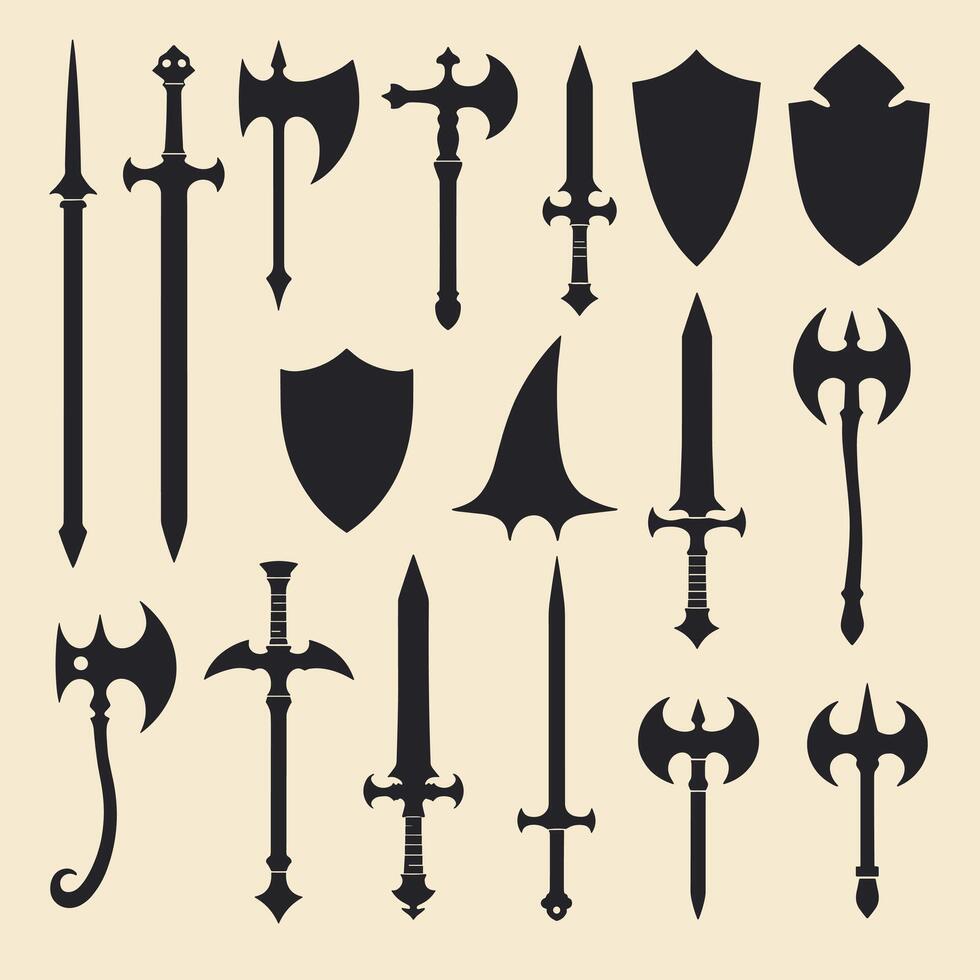 Silhouettes of various medieval weapons including swords, axes, and shields on a beige background. vector