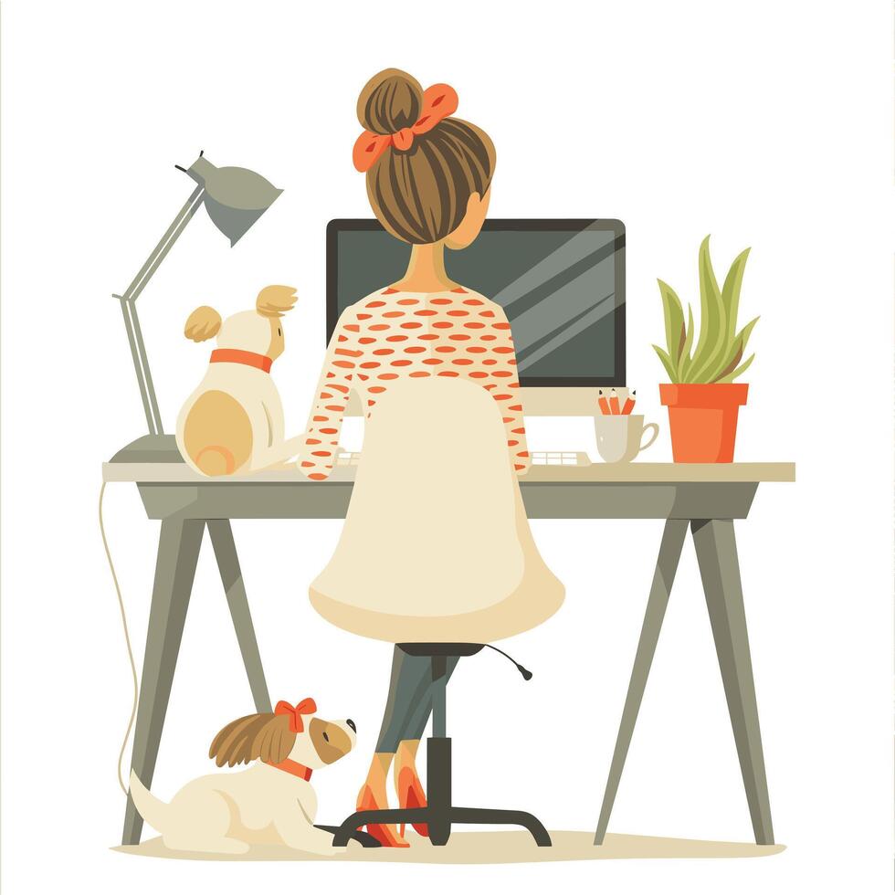 Illustrated woman working at home office desk with computer, desk lamp, and pets, showcasing modern remote work lifestyle. vector