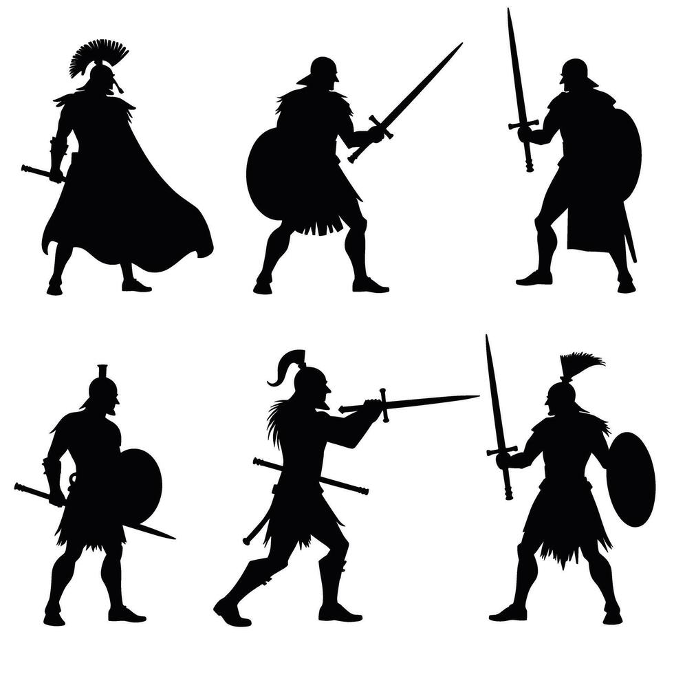 Silhouettes of ancient warriors with swords and shields in various poses. vector
