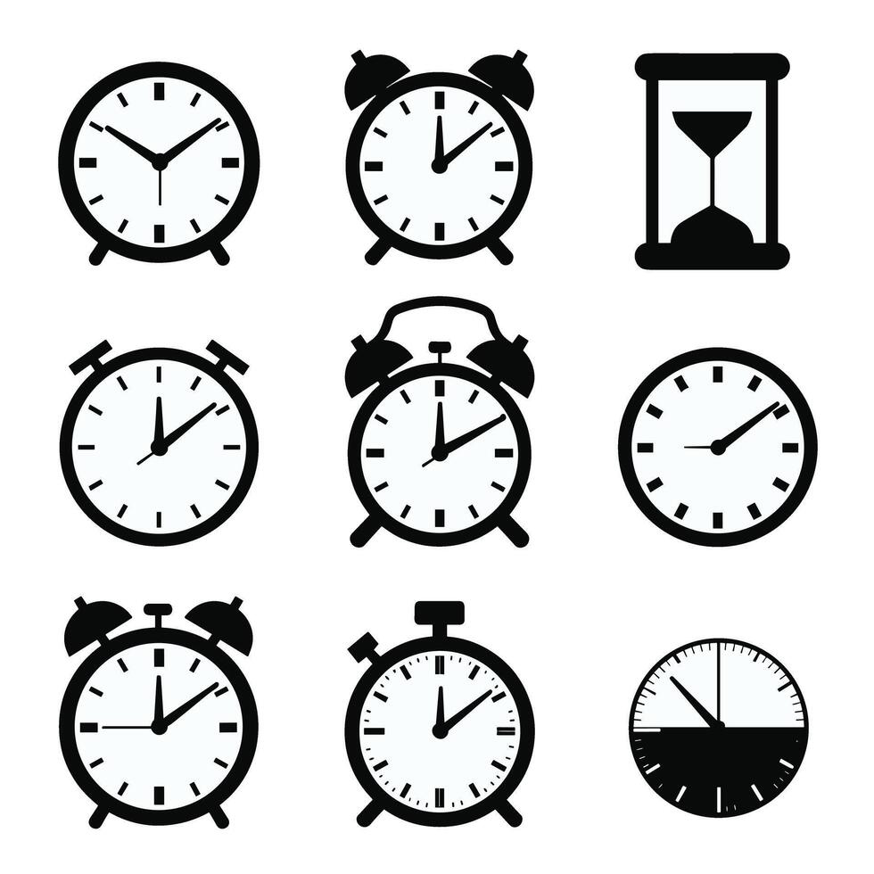 Illustration of various clock and timer designs in black and white, showcasing analog clocks, alarm clocks, and hourglasses in a minimalist style. vector