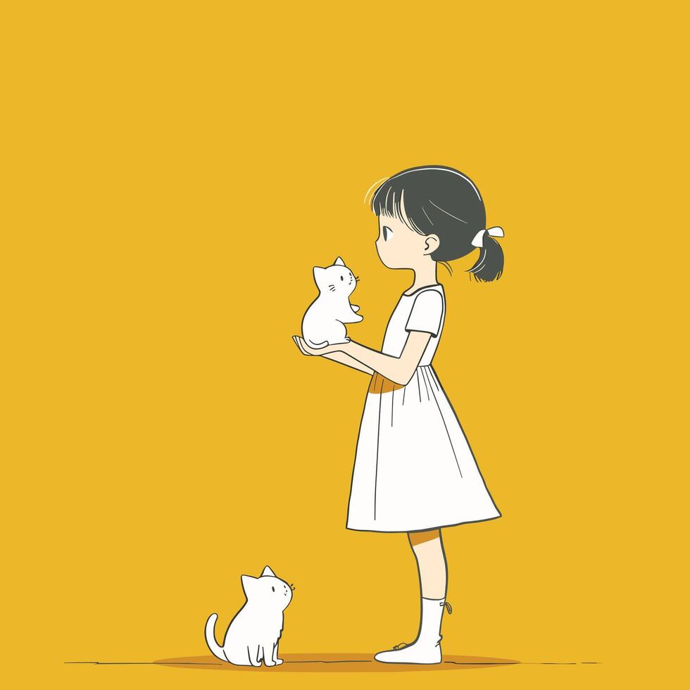 Cartoon girl with pigtails holding a white cat, with another cat at her feet, on a yellow background. vector