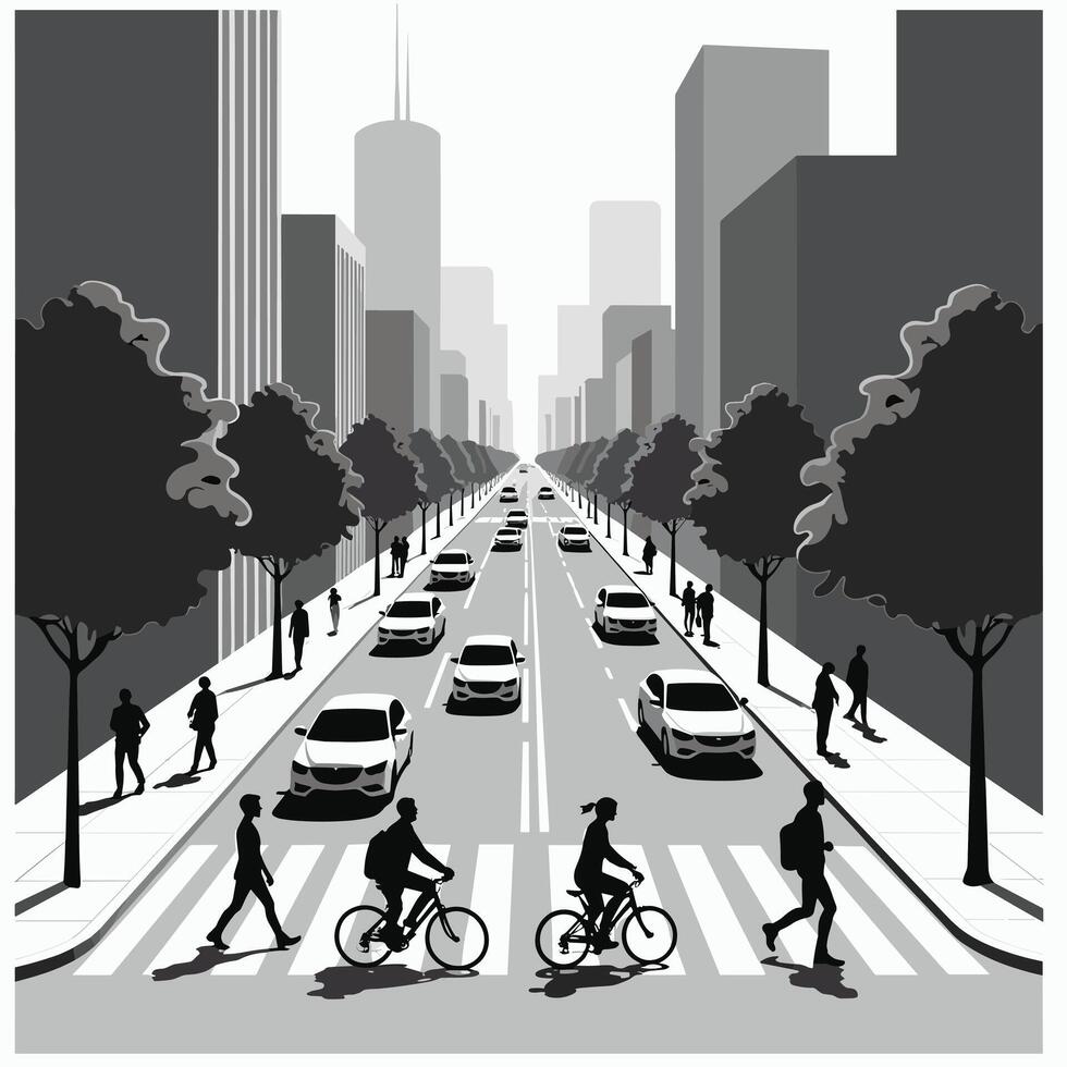 Black and white city street scene with people crossing and cyclists riding in an urban setting. vector