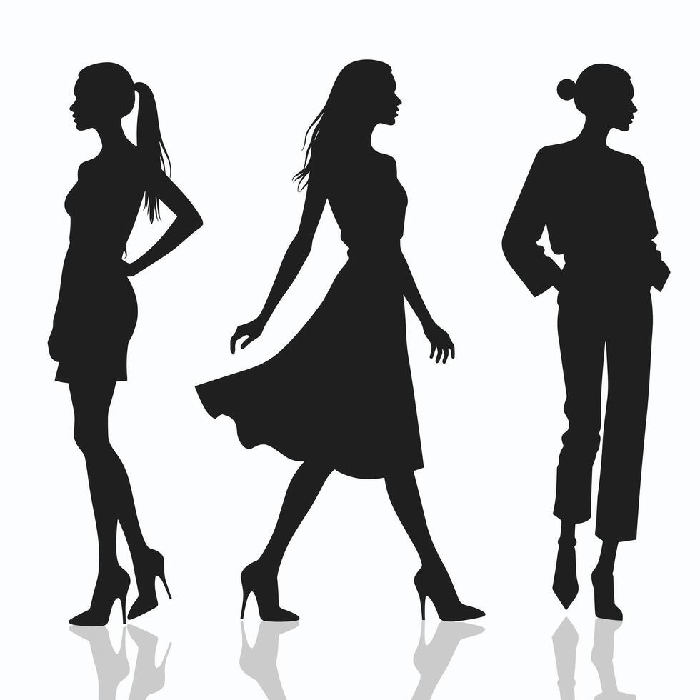 Silhouettes of three women in fashionable poses, each demonstrating unique styles and elegance, highlighted against a white background. vector