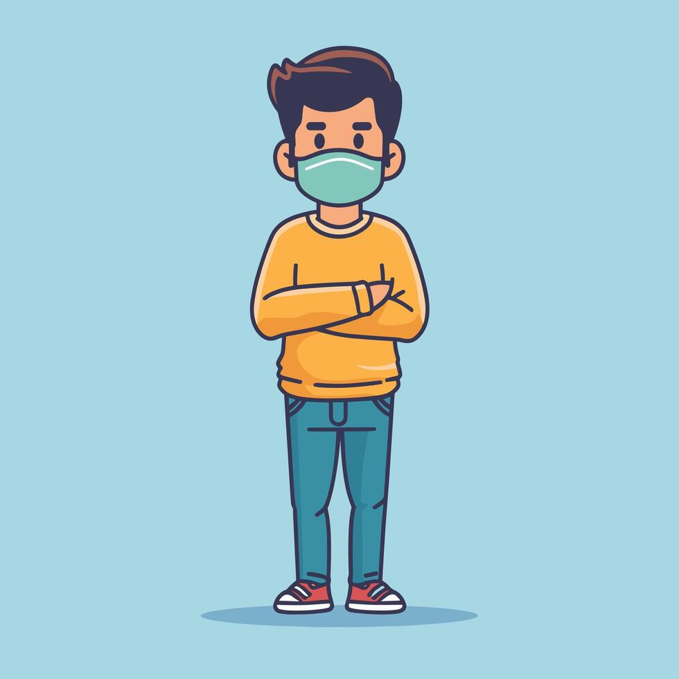 Illustration of a young man wearing a face mask, standing with crossed arms on a light blue background. vector