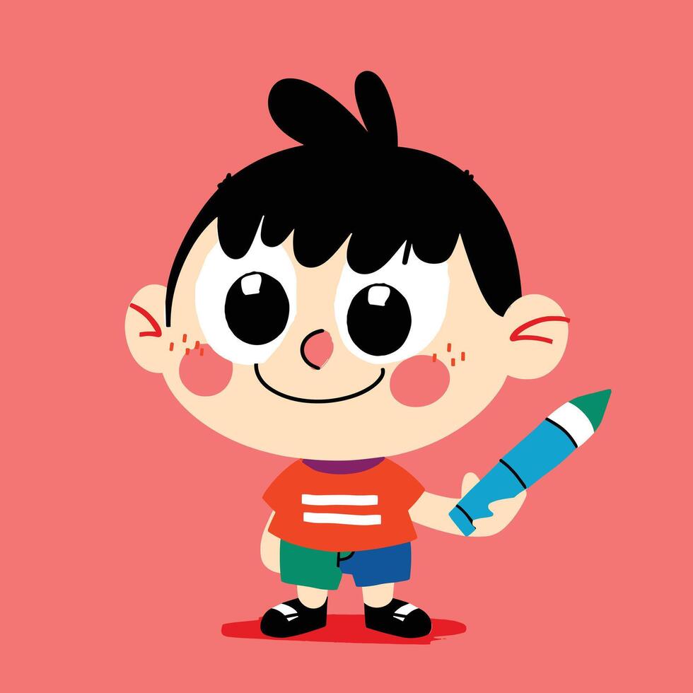 Cartoon boy holding a crayon on a pink background, smiling brightly. vector