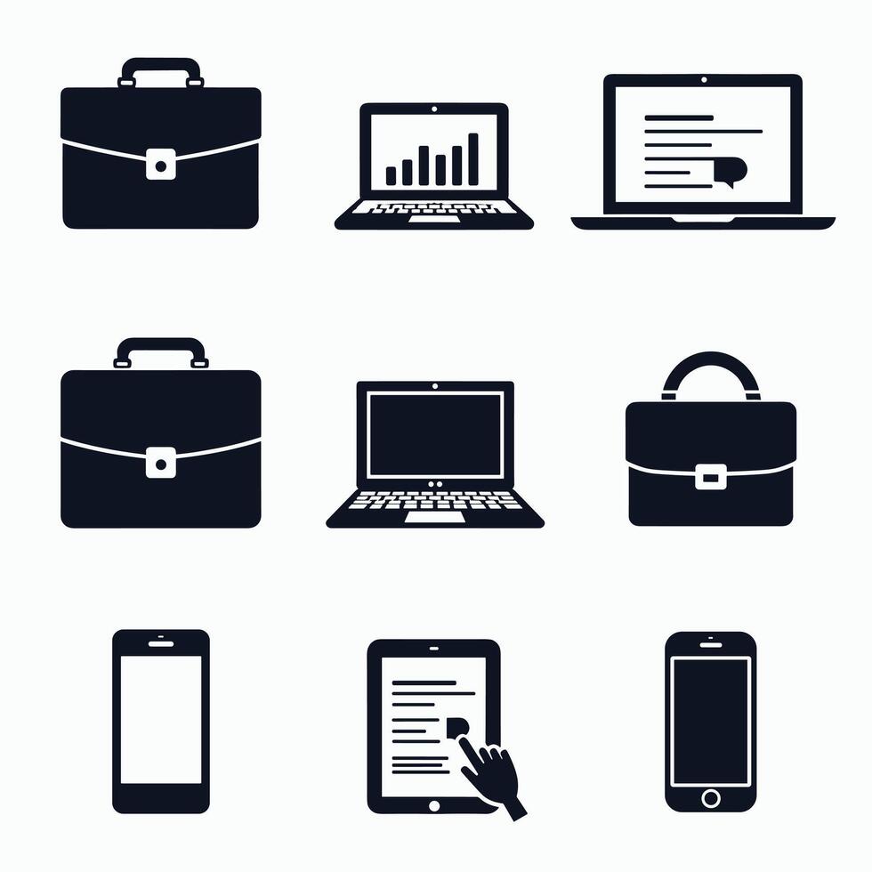 Collection of black icons featuring laptops, smartphones, tablets, and briefcases representing technology and business themes on a white background. vector