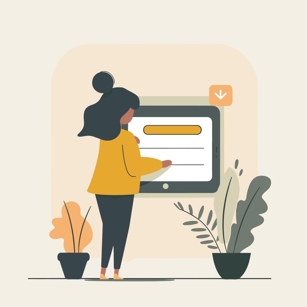 Woman interacting with large touchscreen device, surrounded by potted plants in minimalist illustration style vector