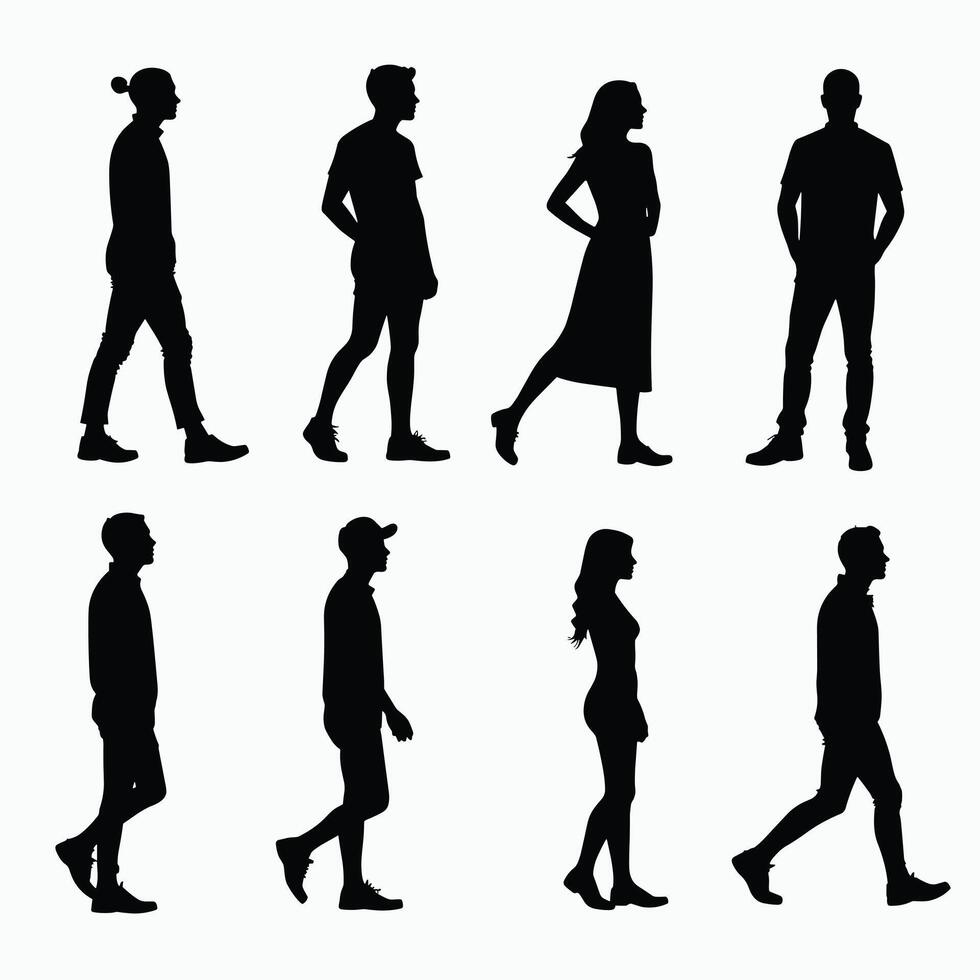 Silhouettes of diverse men and women walking, reflecting various styles and postures against a white background. vector