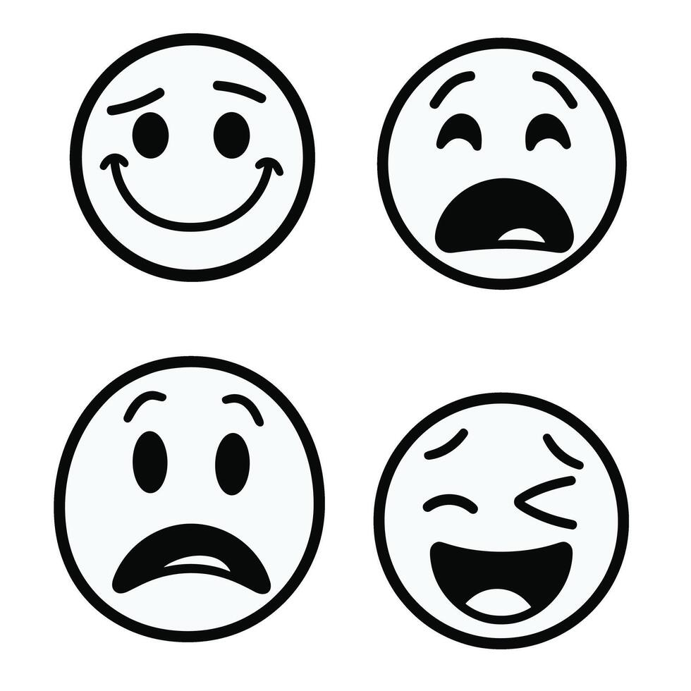 Expressive black and white emoticon set showcasing various emotions on a white background. vector