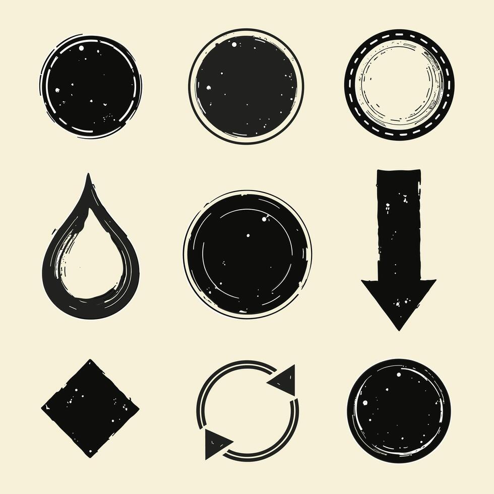 A collection of various grunge-style icons, including circles, an arrow, and a droplet, set against a light background. vector
