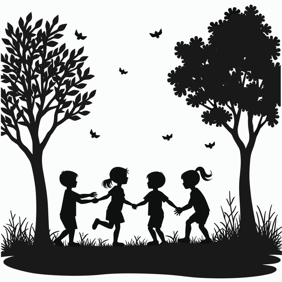 Silhouettes of children playing together in a park, surrounded by trees and flying birds. vector