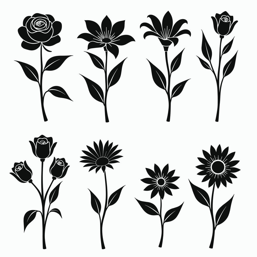 A collection of eight black floral silhouettes featuring roses, lilies, and daisies on a white background, showcasing elegant botanical designs. vector