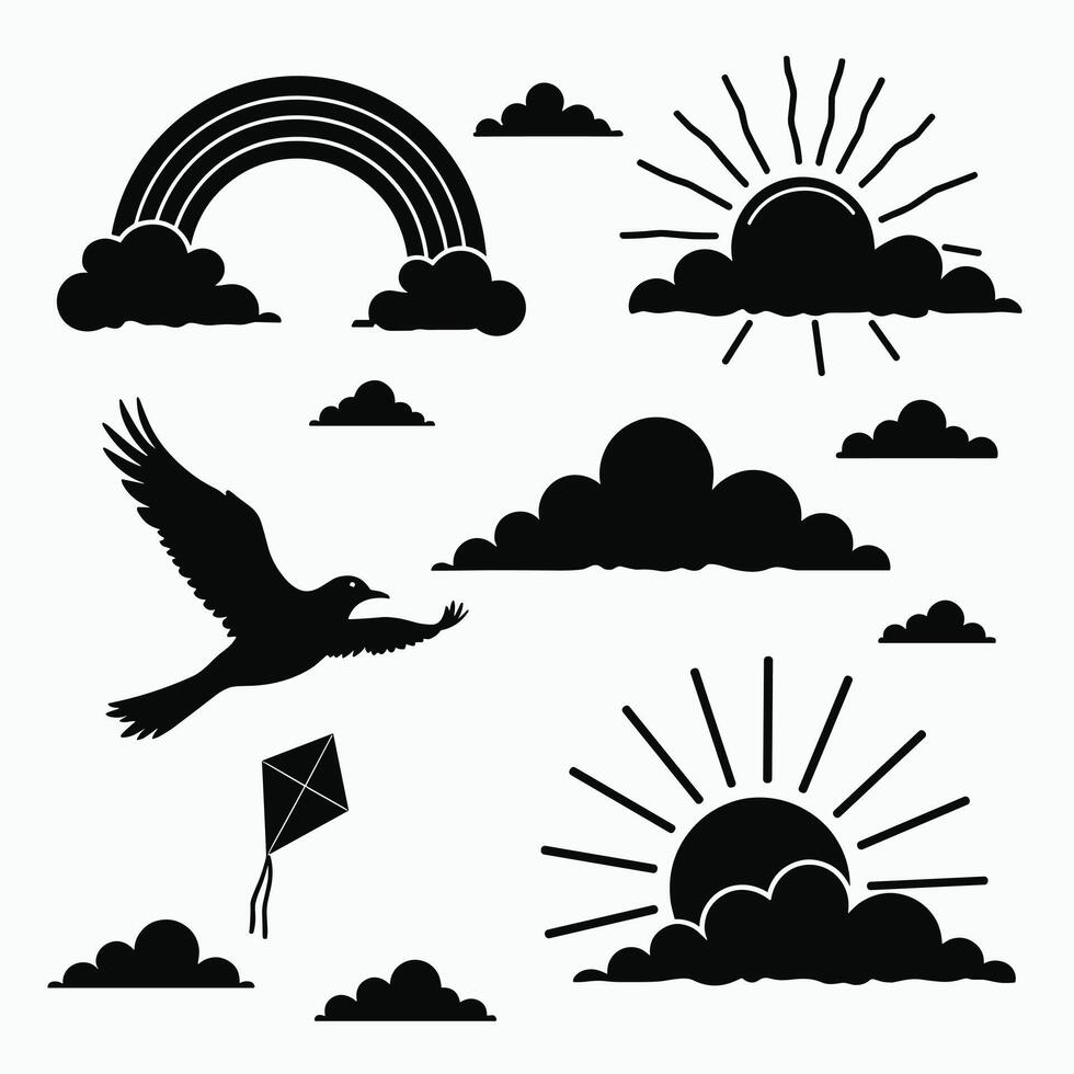 Silhouettes of a bird, kite, sun, rainbow, and clouds create a whimsical sky-themed illustration. vector