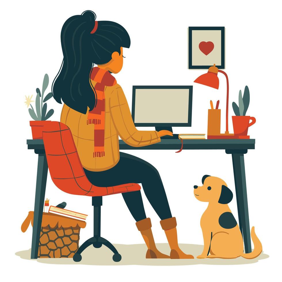 Woman working from home in cozy office space with pet dog, featuring warm colors and illustrated style vector