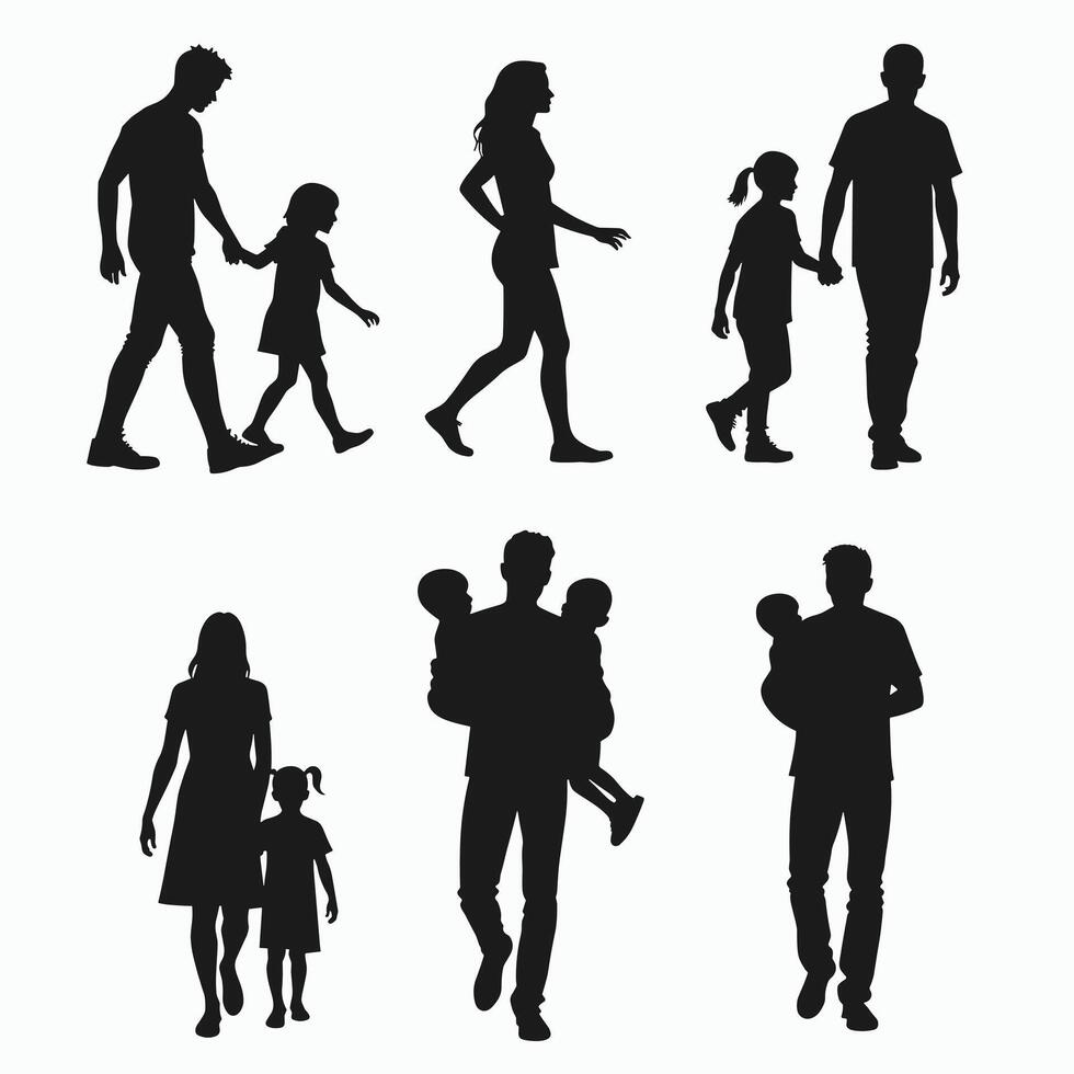 Silhouettes of families walking, capturing various parent and child interactions in black and white. vector
