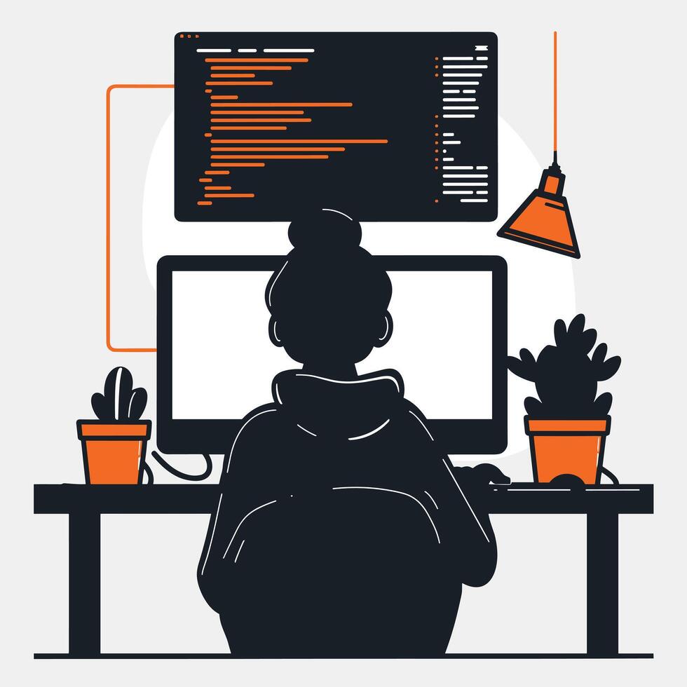 Silhouette of programmer working late, orange code on screen, desk lamp illuminating workspace with potted plants vector